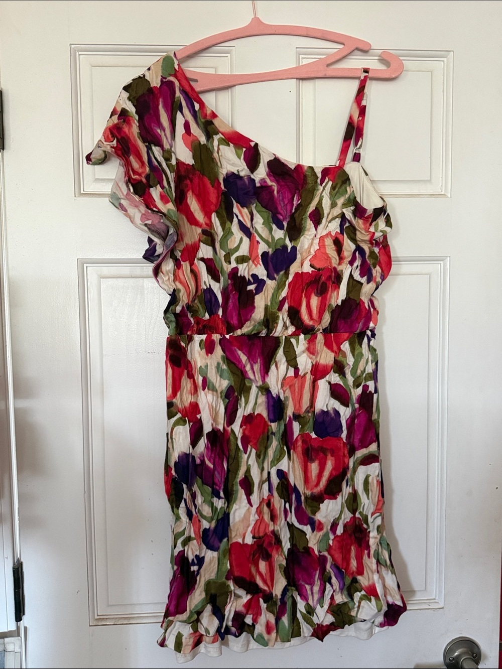 Dress Barn One-Shoulder Floral Dress in White, Red, Purple, Green
